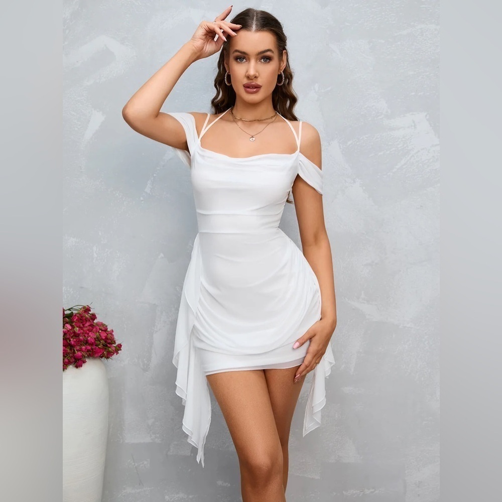 Parthea Cold Shoulder Ruffle Trim Ruched Mesh Bodycon Dress